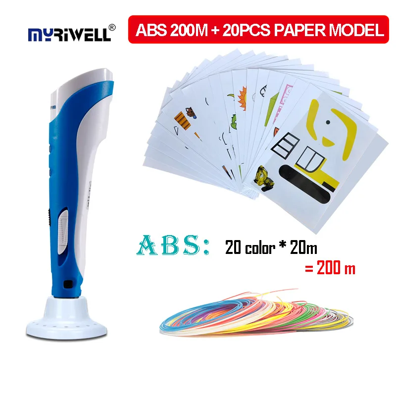 MYRIWELL RP-100A 3D Ручка с множеством оттенков, с 1,75 мм ABS нити(20 цветов* 10 м)+ 20 шт бумажная модель+ основа, лучший подарок для детей день рождения - Цвет: blue 200m 20 model