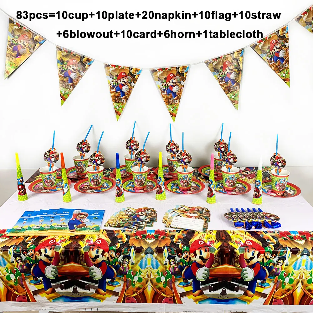 

Mario Bros Party Disposable Tableware Disposable Set Paper Plate Napkin Cup Invitation Card Super Mario Party Supplies 83PCS/LOT
