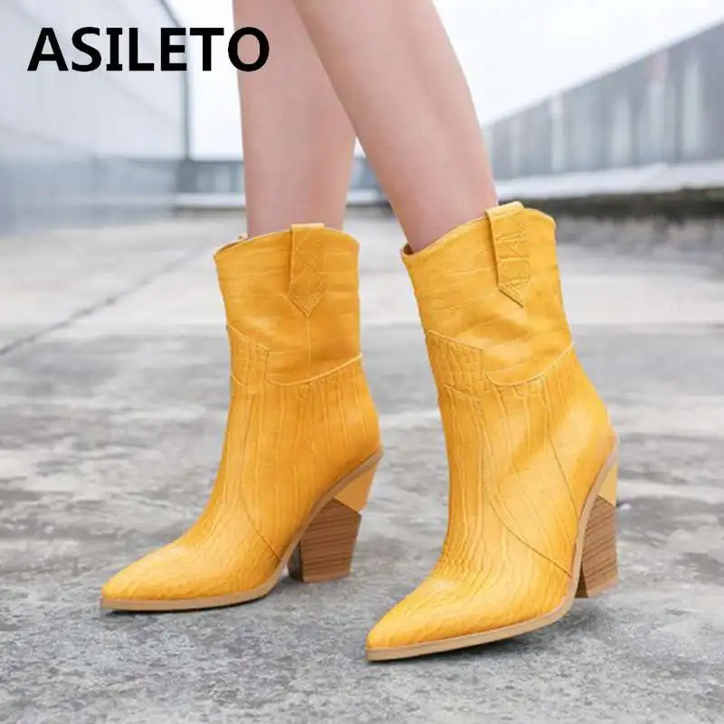 

ASILETO 2020 famous Brand women Ankle boots Pointed toe Slip on Block Mid heels Western Cowboy booties Big size 46 Leopard boot