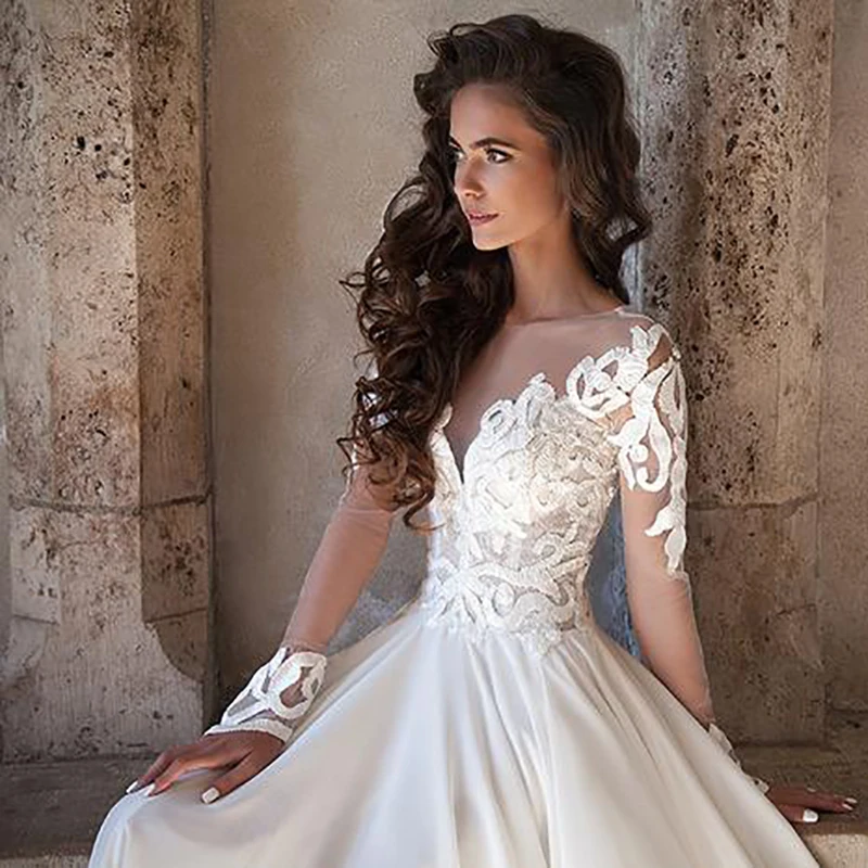 LORIE/белое свадебное платье принцессы с длинными рукавами, элегантная аппликация, а-силуэт, платья невесты, шифоновое свадебное платье в богемном стиле с разрезом сбоку