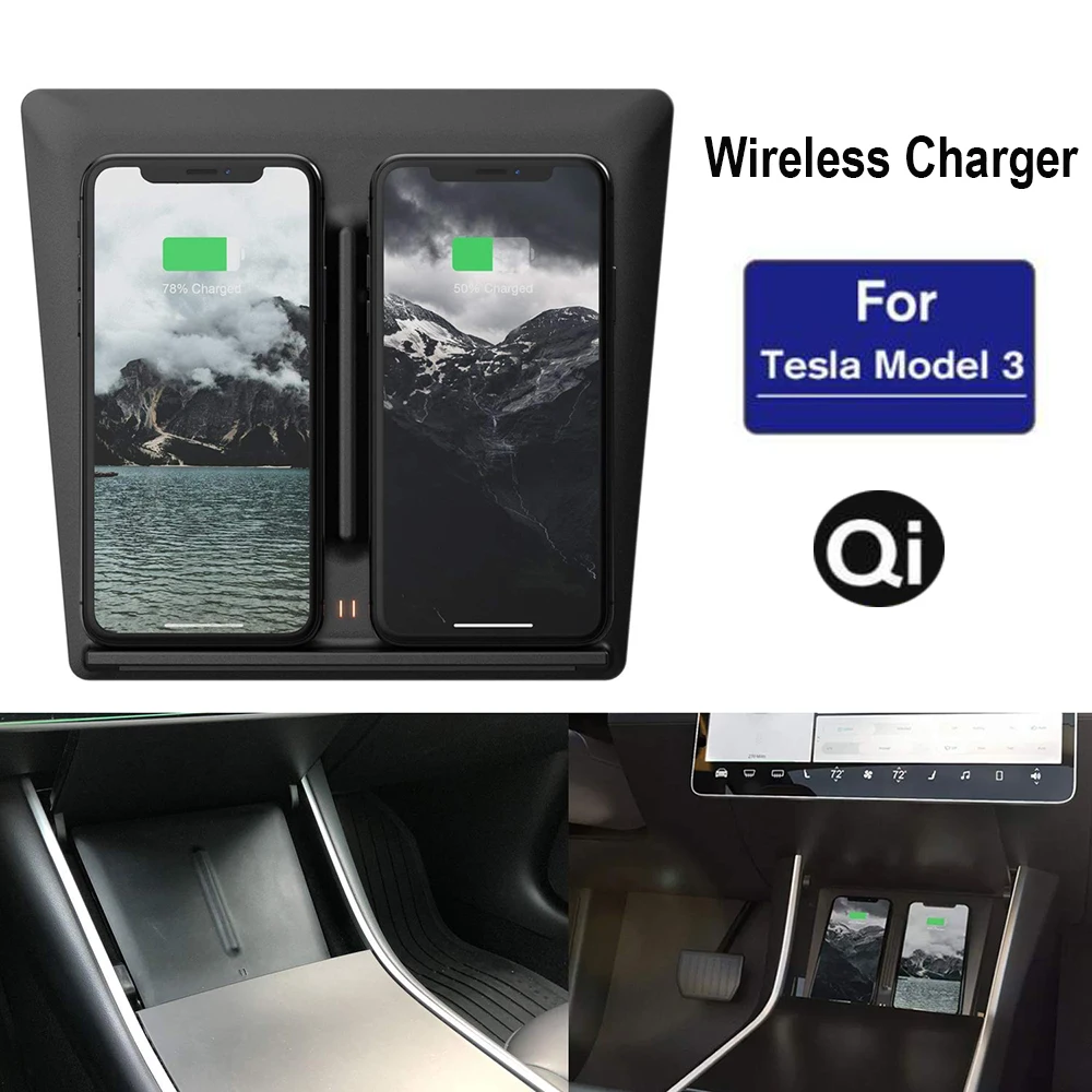 

Tesla Model 3 Center Console Wireless Charger Pad with Dual USB Ports Dual Phones Charging for iPhone X XS XR 8 8PLUS 7