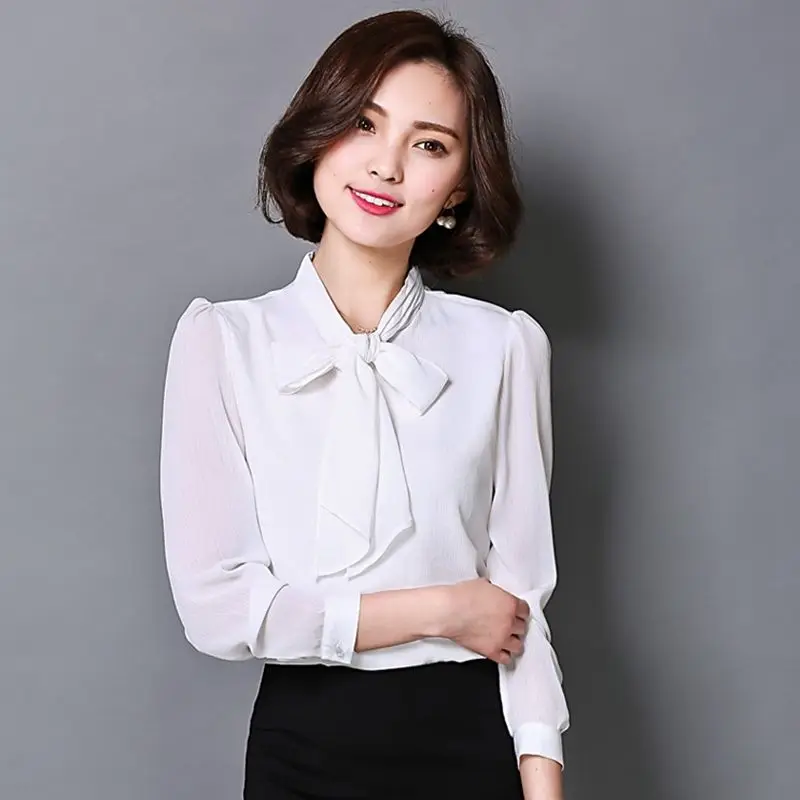 Spring New Women Lady Bow Tie Collar Chiffon Blouse Tops Long Sleeve