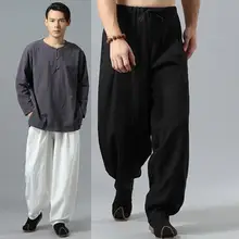 Мужские льняные брюки в китайском стиле; брюки-шаровары из льна для мужчин; свободные прямые брюки