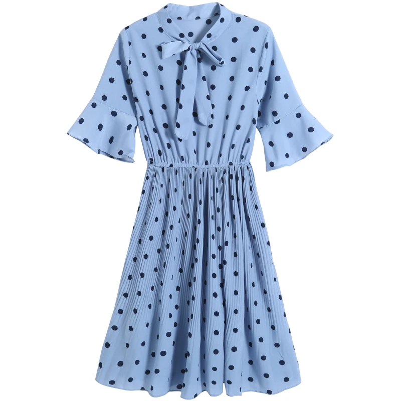 

Preppy Style Polka Dot Dress Summer Clothes Women Short Sleeve Pleated Chiffon Dresses