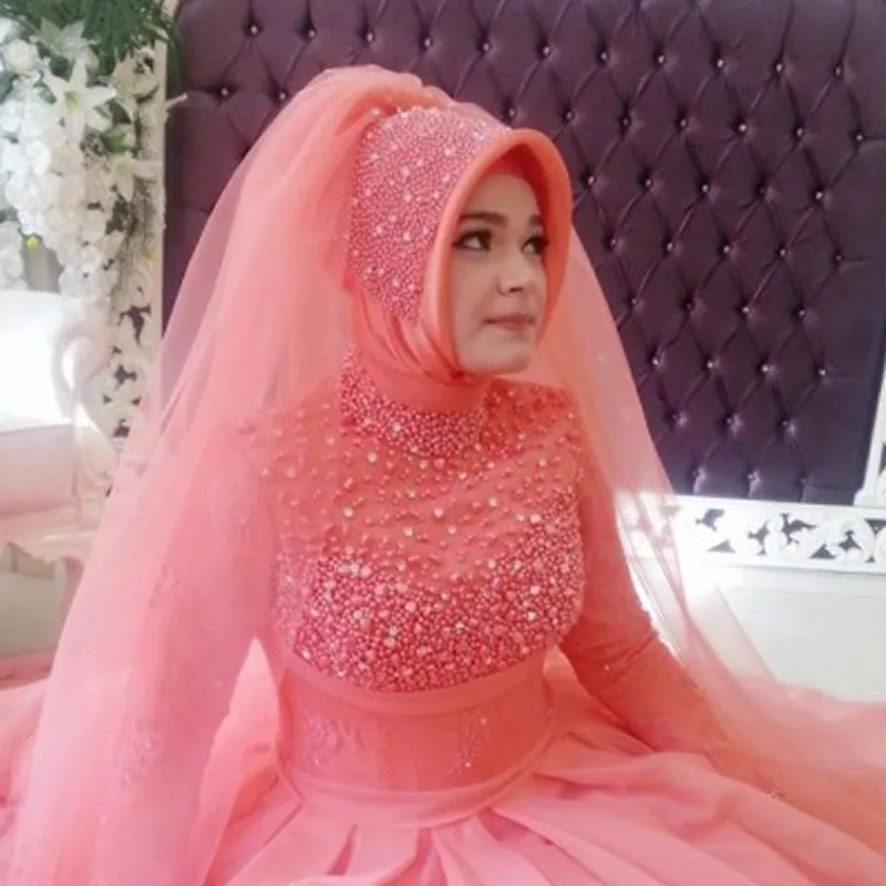 Hot-sale-new-elegant-pink-long-sleeve-high-neck-zipper-muslim-wedding-dress-beaded-applique-puffy (1)