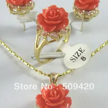 > Новая розовая роза Коралл серьга-подвеска цветок кольцо наборы