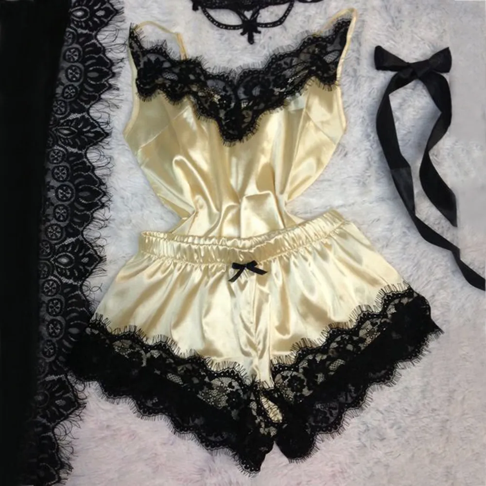 Модная Сексуальная кружевная одежда для сна, женские ночные рубашки, комплект нижнего белья, соблазнительная ночная сорочка, милый топ на бретельках и шорты, пижама mujer^ 40