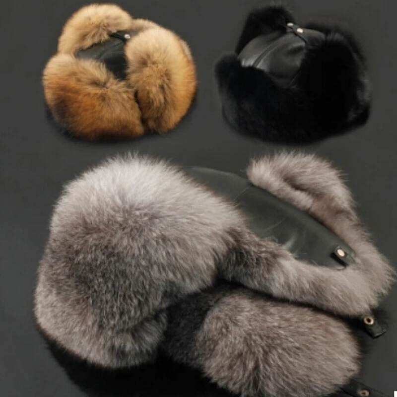 

2019 Winter Luxury Natural Fox Fur Hats for men Brand Famous Male hat Winter Warm Real leather Fur Bomber Hats