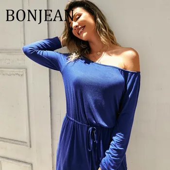 

BONJEAN 2019 Autumn Clothing Blue Playsuit for Women Slash-Neck Short Jumpsuits Long Sleeve Loose Playsuits with Sashes BJ1369