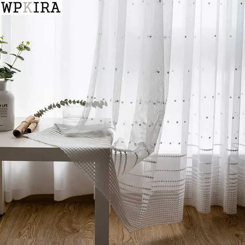 

white vertical strips tulle polka dot window curtains lace gauze window sheer mesh fabric curtains for living room S236&30