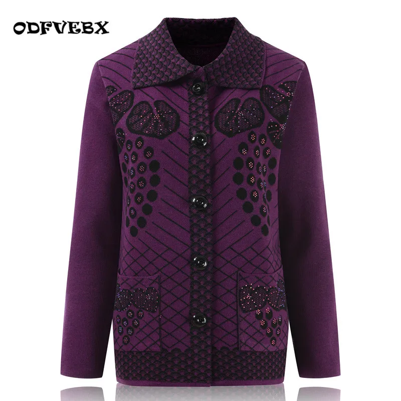 

2019 Autumn middle-aged Female sweater cardigan mother jacket 60-70 plus size pocket printing wool coat women ODFVEBX HY537