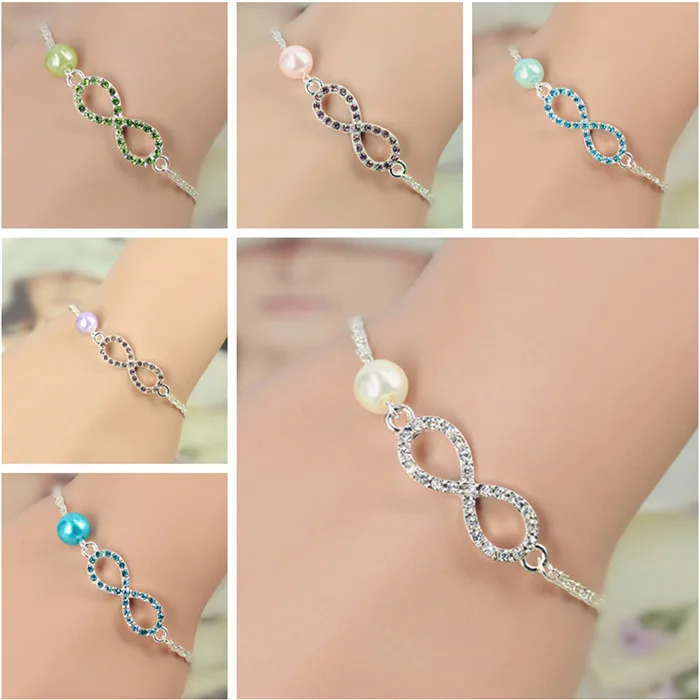 

OBSEDE Fashion Jewelry Best Bridesmaid Gift Infinity Beads Bracelet New Heart Rhinestone Imitation Pearl Silver Plated Bracelet