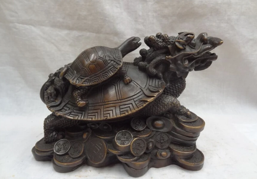 

S3643 9" Chinese Bronze Wealth YuanBao Coin Longevity Dragon Turtle Statue Sculpture D0318