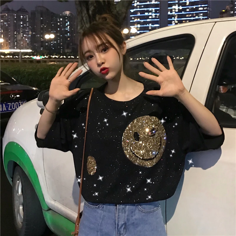 Neploe 2020 News Autumn Korean Loose Sequined Black T Shirt Sweet Style O Neck Smiley Face Pattern Tee Ins cotton Girl Top 45496