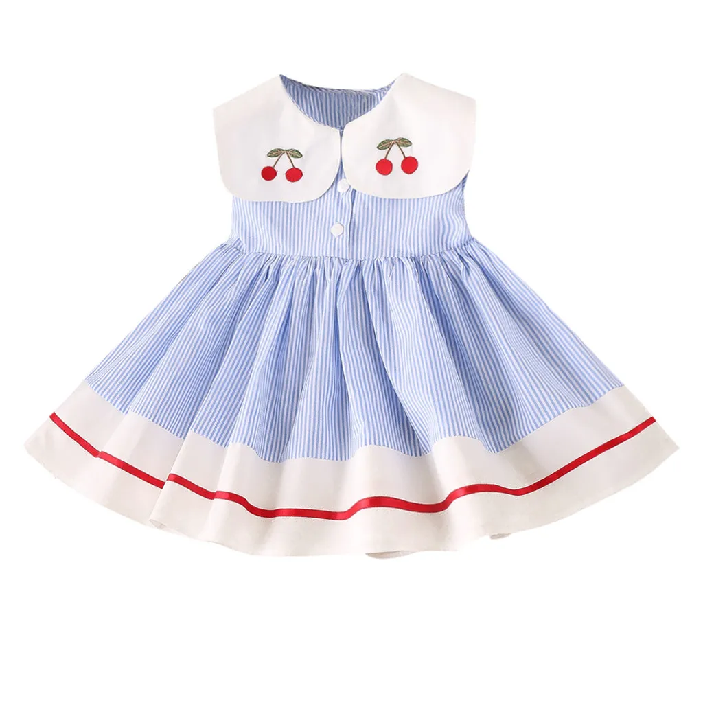 

Toddler Kids Baby Girls Clothes Sleeveless Cherry Stripe Party Princess Dresses
