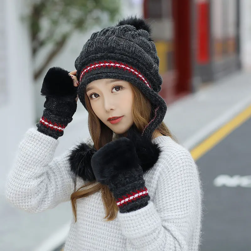 

Fashion Women's Winter Hats Fur Hats Fox Fur Hat Pom Poms Ball Beanie Caps Knitting Thick Skullies Female Cap Gorros with Gloves