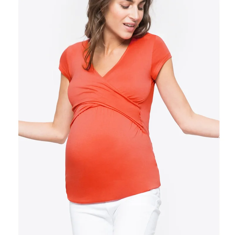 Лето с коротким рукавом Глубокий V свинец сплошной цвет скрещивание Тип медсестры обслуживание лактация одежда футболка женская embarazada - Цвет: Orange red