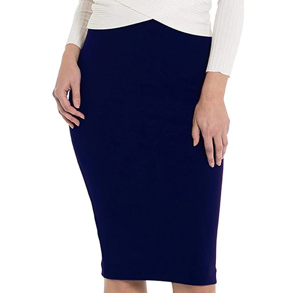 Горячая Распродажа, дизайн, модная Женская эластичная талия, стрейч, облегающая, однотонная, официальная юбка-карандаш, подарок для женщин - Цвет: Navy
