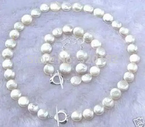 

Nobility jewelry 11-12MM White Coin Pearl Necklace Bracelet Earring Set Wholesale Plated gold Jewelry silver hook