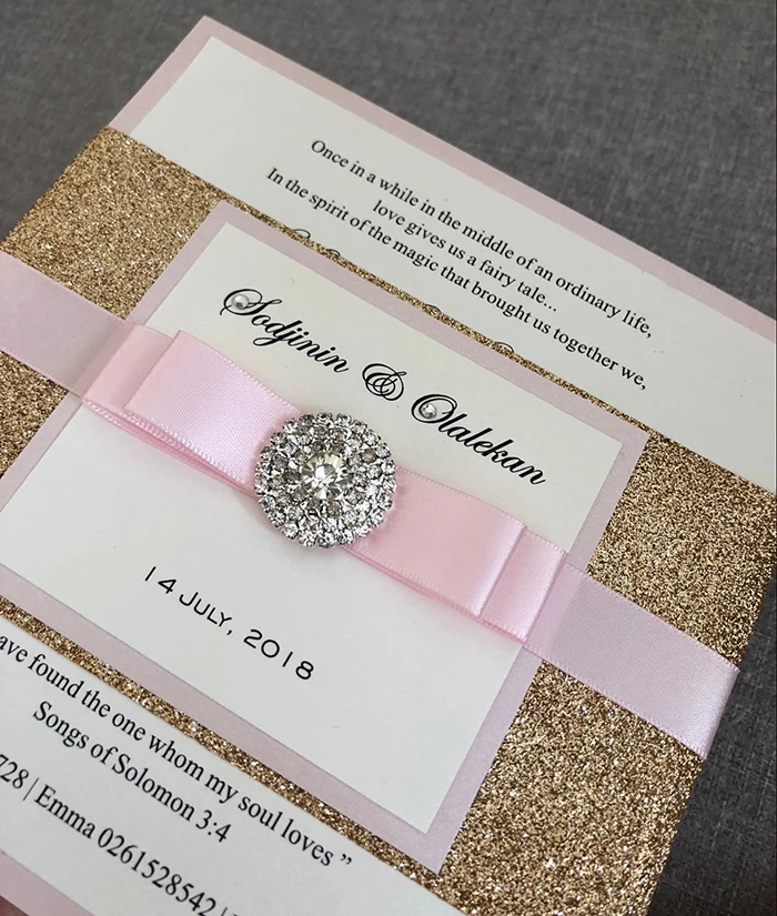  CA0789 Fuchsia Glitter Bow Jewel Wedding Invitation. Lovely Monogram. Stunning Sparkling Pink invit - 32789823898