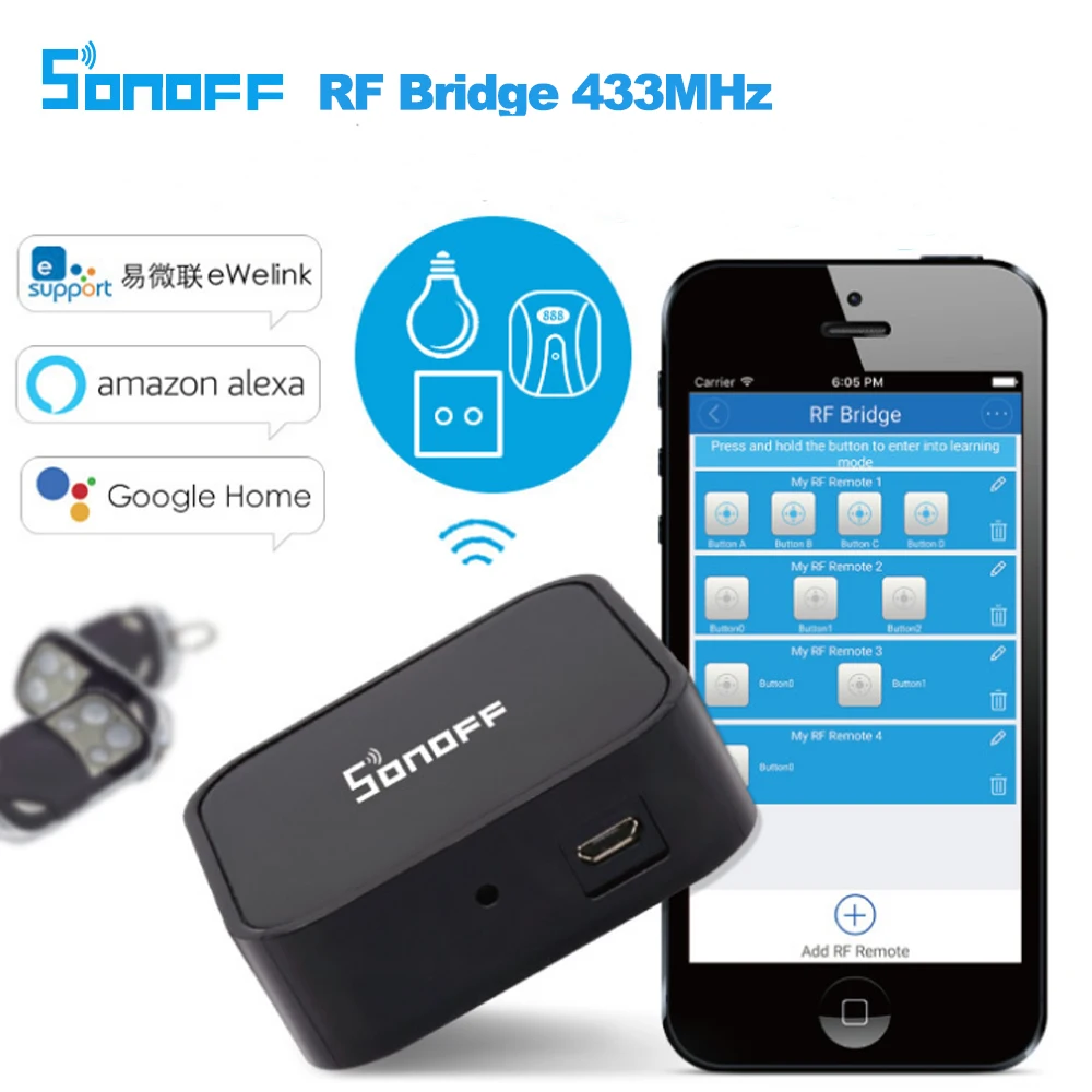 

Sonoff RF Bridge 433MHz WiFi Replacement Smart Home Automation Universal Switch Intelligent Domotica Wi-Fi Remote RF Controller