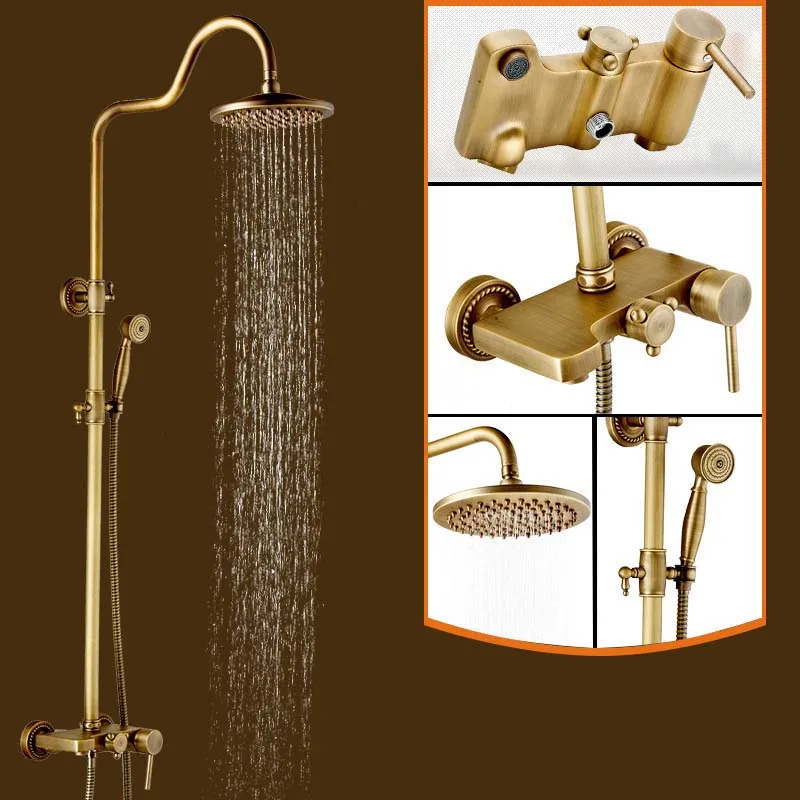 Brass Antique One Handle Wall Mount Bathroom Shower Faucet 8" Rain Bath