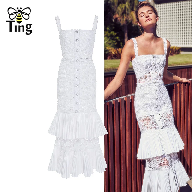 

Tingfly Women Summer Lace Midi Dress Vintage Strap Single Button Pleated Layered Long Dress Casual Sheath White Lace Dresses