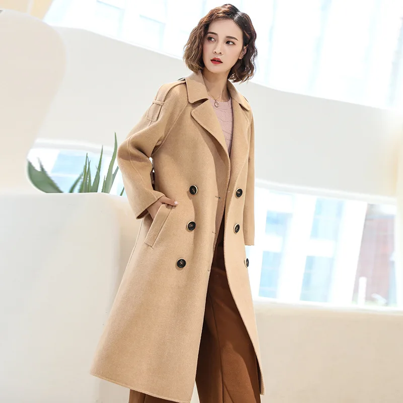 Женское длинное двубортное пальто, пальто из шерсти с отложным воротником, новая верхняя одежда