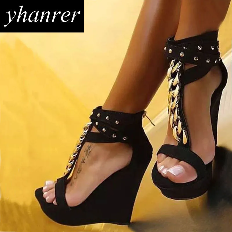 

New Sexy Women Wedge High Heels Metal Chain Rivet Pumps Roman Ladies Peep Toe Sandals Party Shoes Heeled 15cm K481