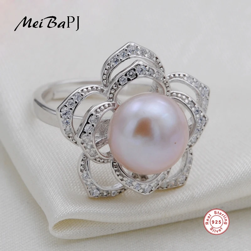 

[MeiBaPJ] Very Beautiful Fashion 925 Sterling Silver Flower Ring Natural Freshwater Pearl Leaf Ring for Women Fine Charm Jewelry