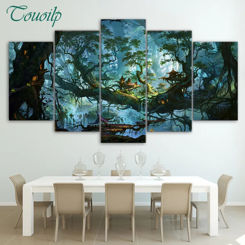 diamond embroidery mosaic 5 Pieces Fantasy Houses Magic Forest Night Pictures Tree Poster Home Decor 5d diy painting | Дом и сад