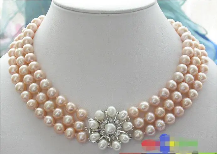 

FREE SHIPPING HOT sell new Style >>>> AA++ 3ROW 10mm PINK ROUND FRESHWATER PEARL NECKLACE FLOWER