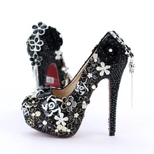 Noble black rhinestone flower party shoes tassel rhinestone wedding shoes ultra high heels thin heels women’s shoes bridal shoes