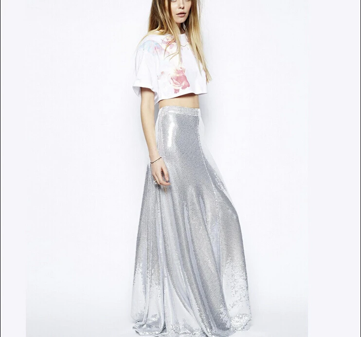 WOMENS Maxi Skirts Ladies Silver Sequined Long SKIRT For