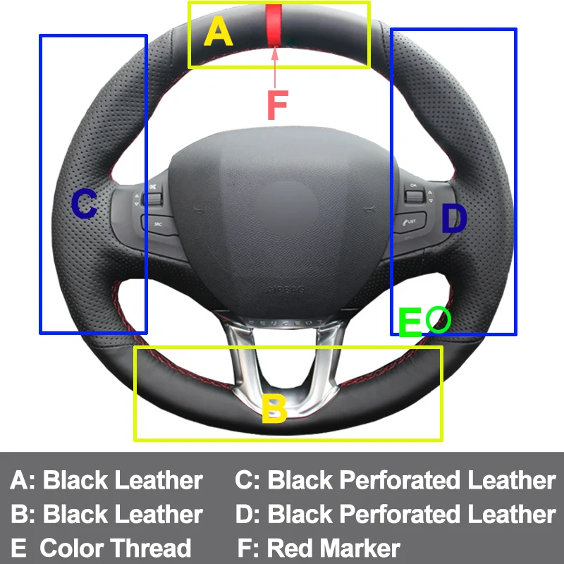 HuiER ручной пошив чехол рулевого колеса автомобиля износостойкий красный маркер для peugeot 208 peugeot 2008 рулевое колесо авто аксессуары