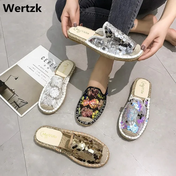 

Wertzk 2019 summer new sequin fisherman's shoes lady lazy trawler cool red with one foot to wear half slippers outside E356