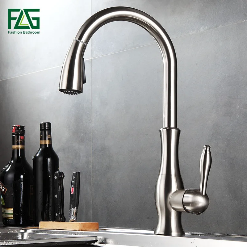 FLG Kitchen Mixer Pull Out Kitchen Faucet Deck Mount Kitchen Nickel Brushed Sink Faucet Mixer Cold Hot Water Rotate