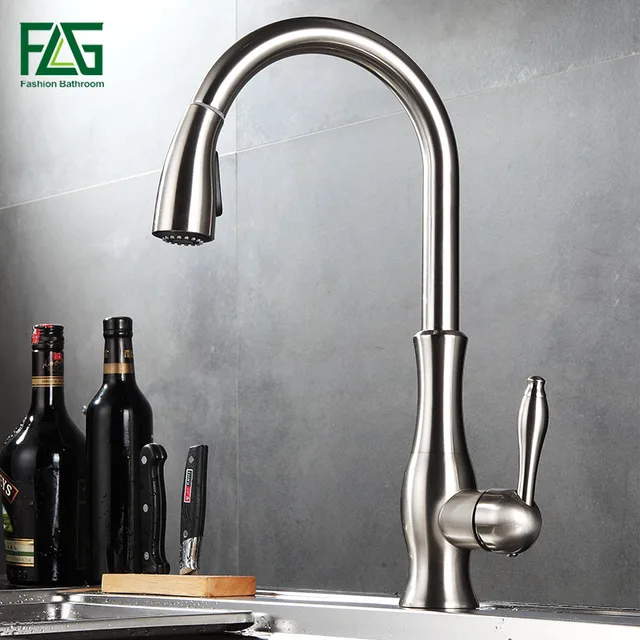 Special Offers FLG Kitchen Mixer Pull Out Kitchen Faucet Deck Mount Kitchen Nickel Brushed Sink Faucet Mixer Cold Hot Water Rotate