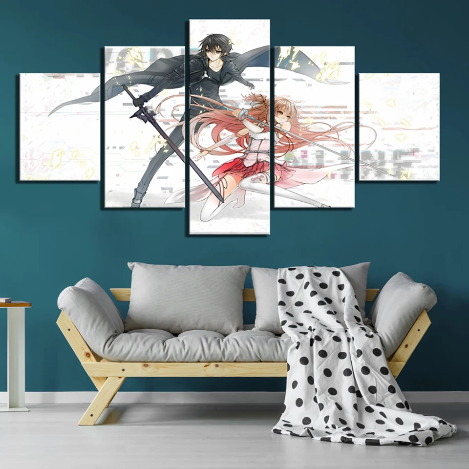 Home Decor Hd Prints Pictures 5 Pieces Sword Art Online Poster Anime Wall Artwork Modular Painting Canvas For Living Room Framed