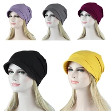 Женская однотонная мусульманская растягивающаяся раковая тюрбан после химиотерапии шапка для выпадения волос головной платок Обертывания женский элегантный сплошной цвет мягкая велосипедная шапка с черепом
