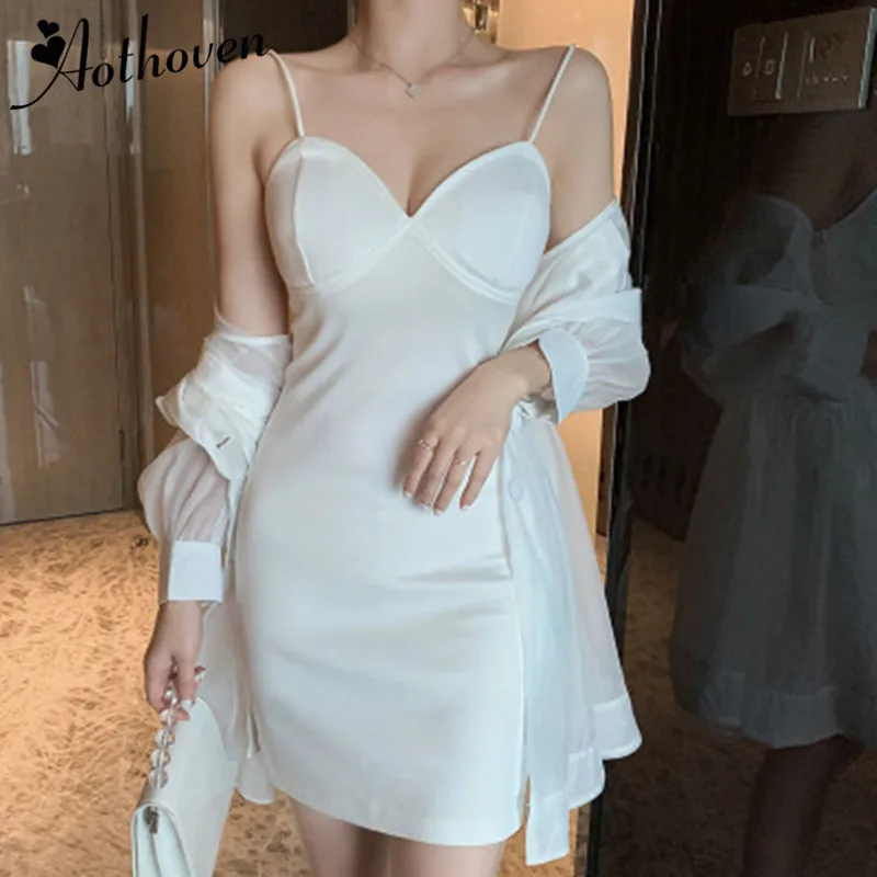 

2 Piece Set Women Suit 2019 Summer Long Sleeve Mesh Long Shirt Top and Elegant Spaghetti Strap Dress Lady Two Piece Set Vestidos