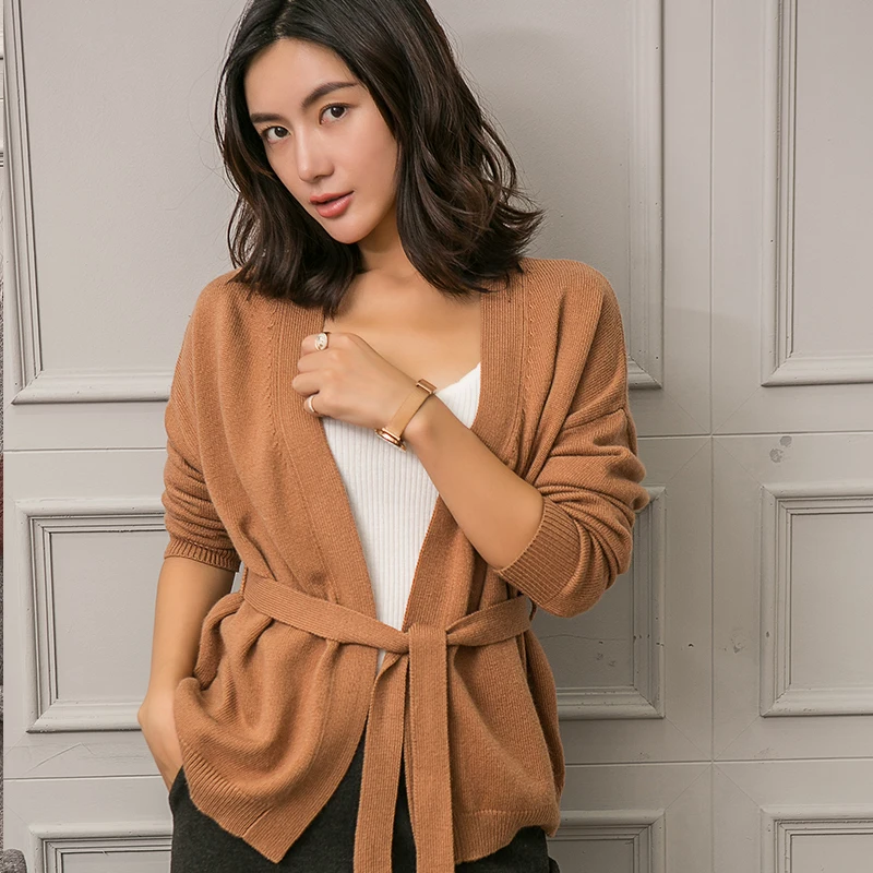 LHZSYY Autumn Winter New Women's Cashmere Cardigan Solid color Loose Quality Lacing Coat Fashion V-Neck Soft Wild Female Sweater