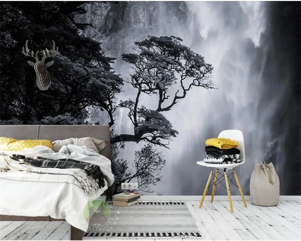 

Custom wall wallpapers Nordic black and white landscape waterfall personalized creative home decoration murals wallpaper