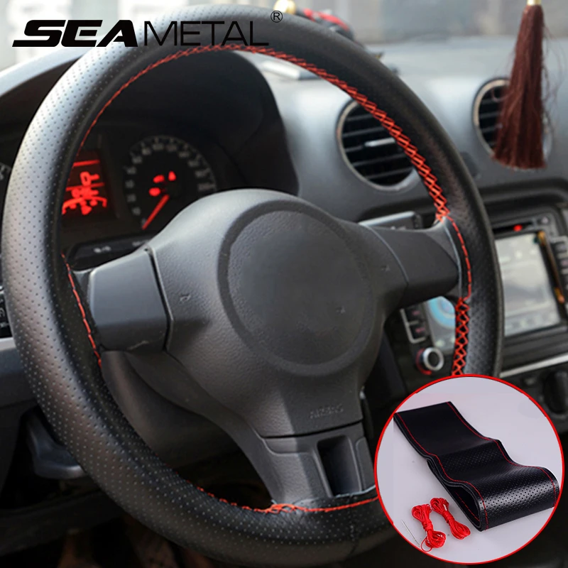 

Car Leather Steering Wheel Covers DIY 38cm Braid on the Steering-wheel Auto Cover With Needles and Threads Interior Accessories