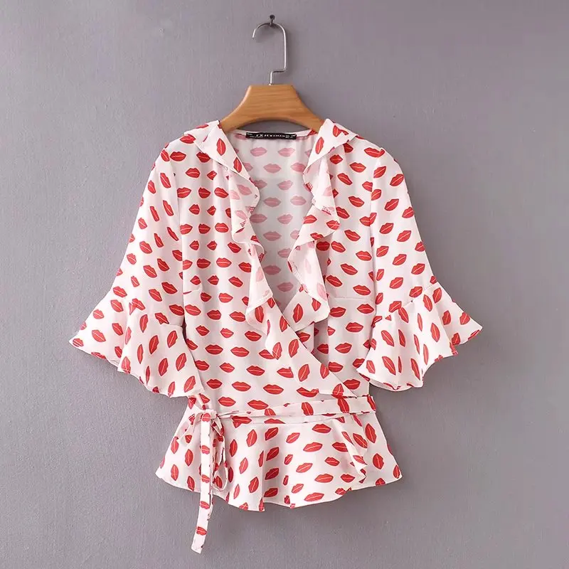 

2018 women fashion red lips print ruffles kimono blouses shirt elegant sashes flare sleeve femininas blusas casual tops