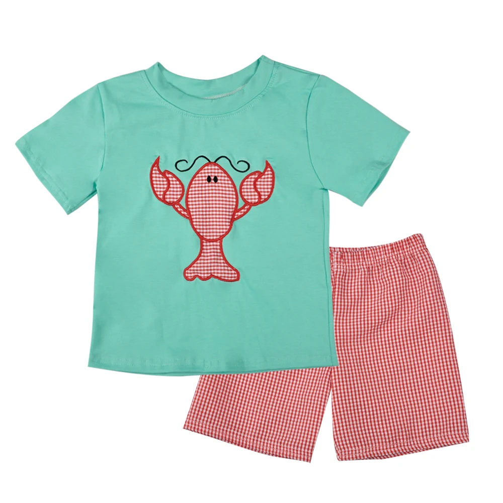 

New Fashion Hot Sale Boys Summer Sets Lobster Appliques Red Shorts Boutique Boys Remake Outfits