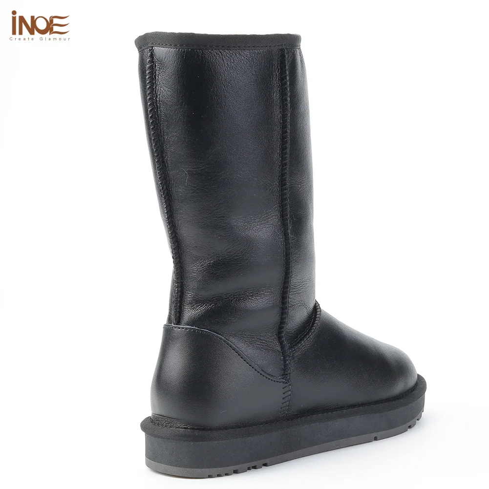 Cena INOE klasyczne damskie wodoodporne kolana wysokie kożuchy skórzane buty zimowe Shearling wełniane futrzane buty śnieżne buty trzymające ciepło czarne