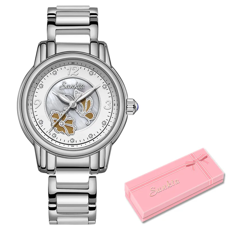Silver white SUNKTA2019 Новинка, женские часы из розового золота, кварцевые часы для девушек, Топ бренд, роскошные женские часы, женские часы, Relogio Feminino+ коробка - Цвет: Silver white