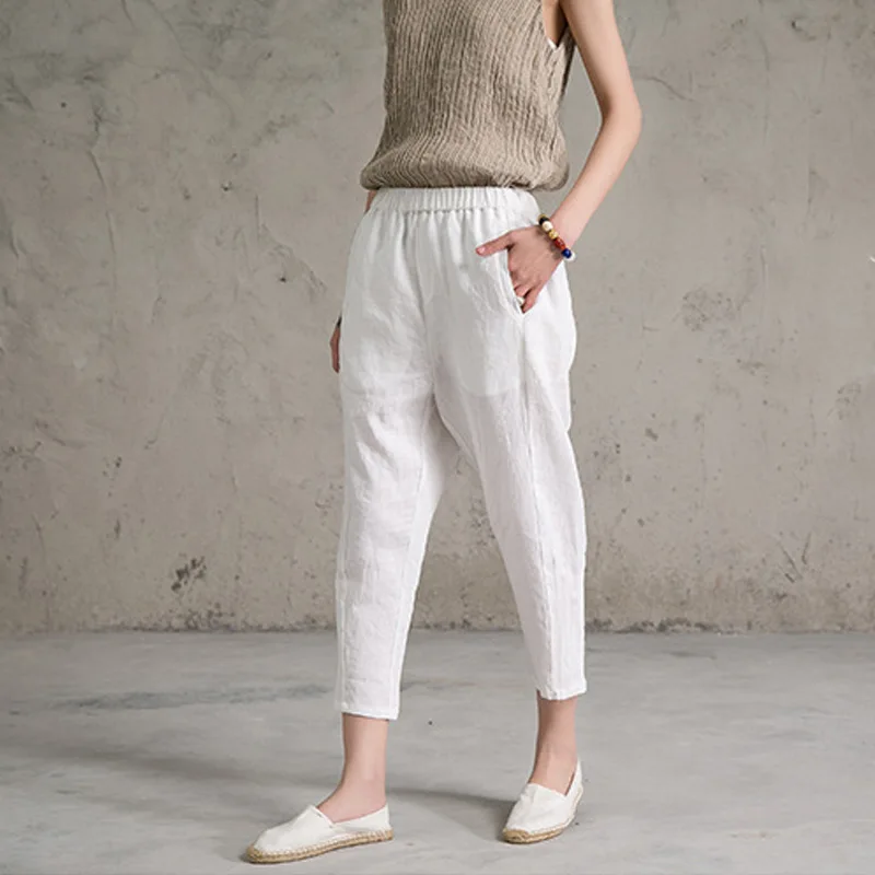

2019 Pleated Side White Pants Retro Art 100% Linen Ankle-Length Pants