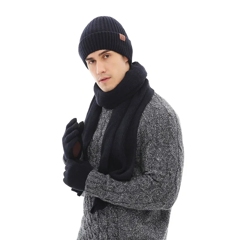 LaMaxPa New Fashion Solid Thicken Man Scarf, Hat & Glove Sets 3Pcs Striped Knitted Winter Warm Beanis Wrap